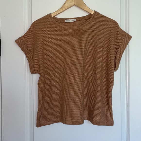 Zenana Women’s Boxy Waffle Knit Cuffed Sleeve Top Camel L - Picture 2 of 5